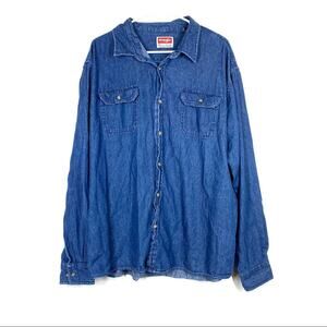 VINTAGE Wrangler Denim Western Button Up Shirt Blue Cowboy 2XL
